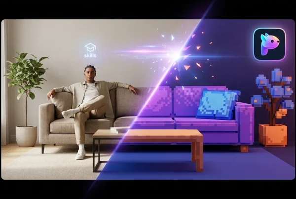 Photoreal human in a room splitting into a voxel Minecraft world, Pika logo shimmering in background