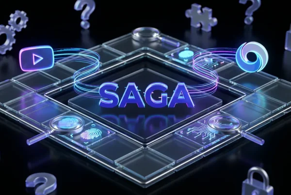 SAGA logo with data trails linking video thumbnails YouTube and DeepMind logos in a detective motif