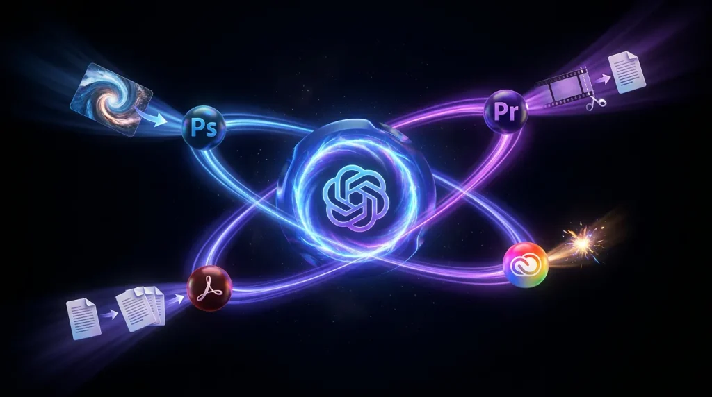 Surreal cosmic scene with ChatGPT and Adobe logos, creative apps orbiting while assets transform midair