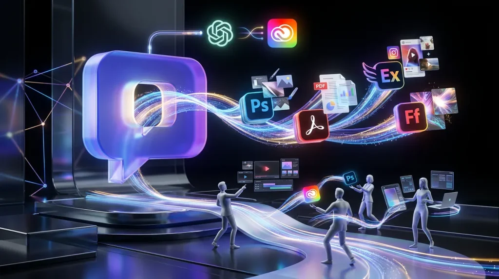 Surreal scene of ChatGPT and Adobe icons merging, creatives exchanging vibrant assets through glowing connectors