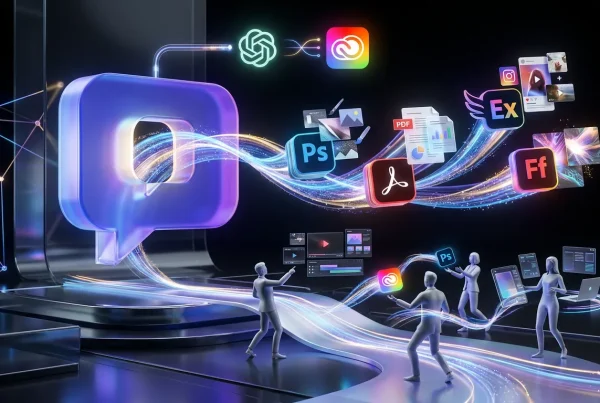 Surreal scene of ChatGPT and Adobe icons merging, creatives exchanging vibrant assets through glowing connectors