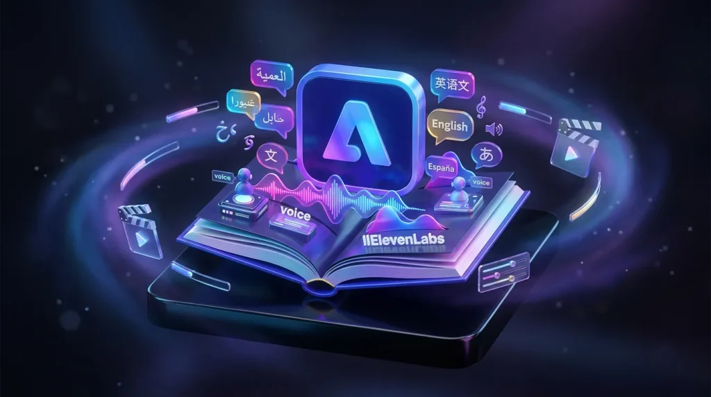 Adobe Firefly logo opening to reveal creative voice layers, speech bubbles, and ElevenLabs logo inside