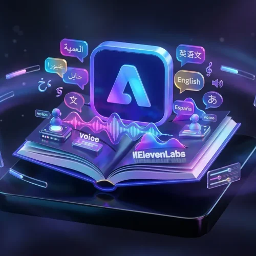 Adobe Firefly logo opening to reveal creative voice layers, speech bubbles, and ElevenLabs logo inside