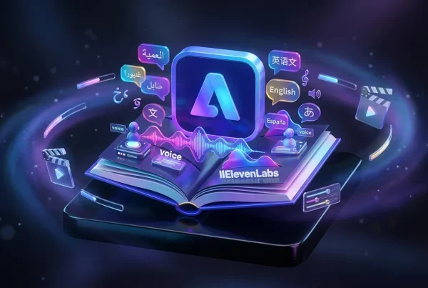 Adobe Firefly logo opening to reveal creative voice layers, speech bubbles, and ElevenLabs logo inside