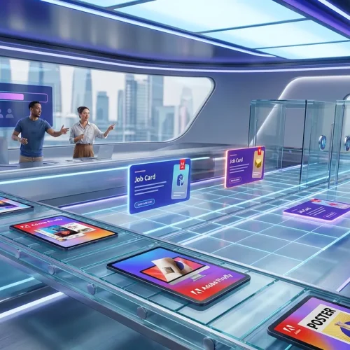 Adobe Firefly factory generating creative assets with colorful grids, conveyors, and creative professionals overseeing workflow