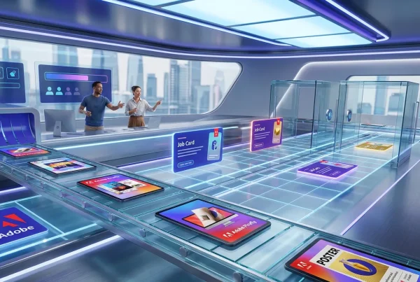 Adobe Firefly factory generating creative assets with colorful grids, conveyors, and creative professionals overseeing workflow