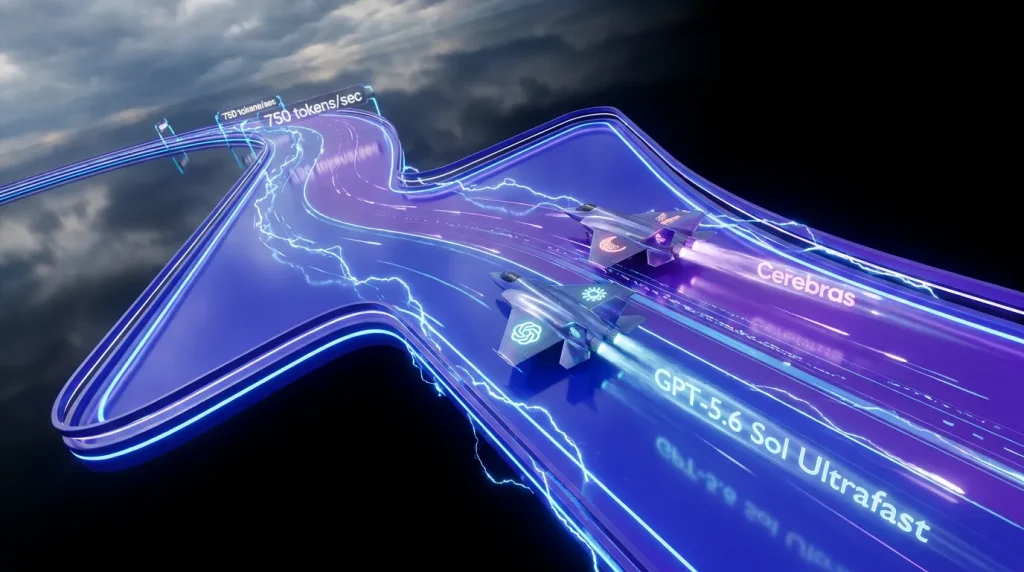 Lightning race track, OpenAI and Cerebras cars, streams of words symbolizing GPT‑5.6 Sol Ultrafast