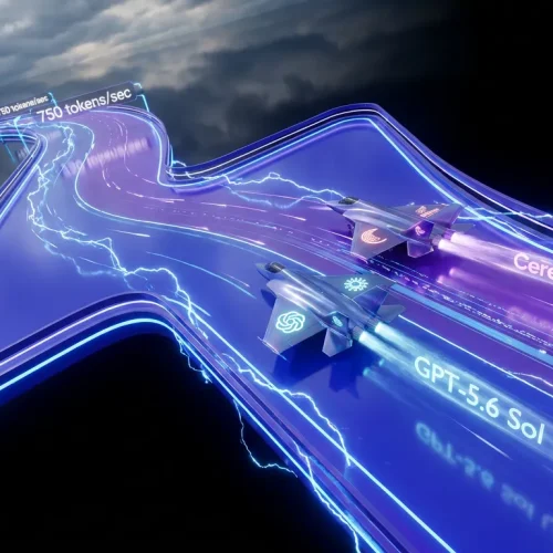 Lightning race track, OpenAI and Cerebras cars, streams of words symbolizing GPT‑5.6 Sol Ultrafast