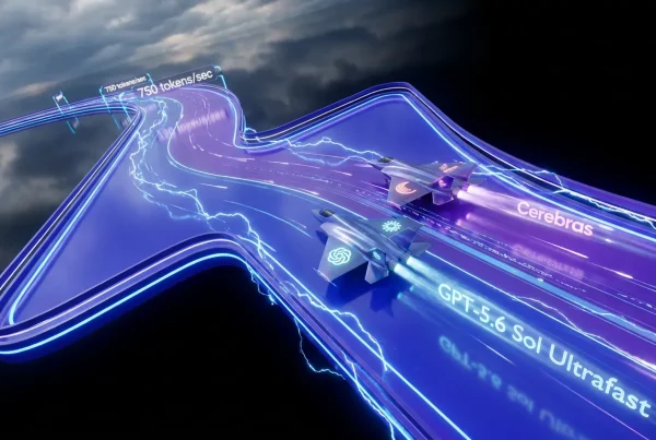 Lightning race track, OpenAI and Cerebras cars, streams of words symbolizing GPT‑5.6 Sol Ultrafast