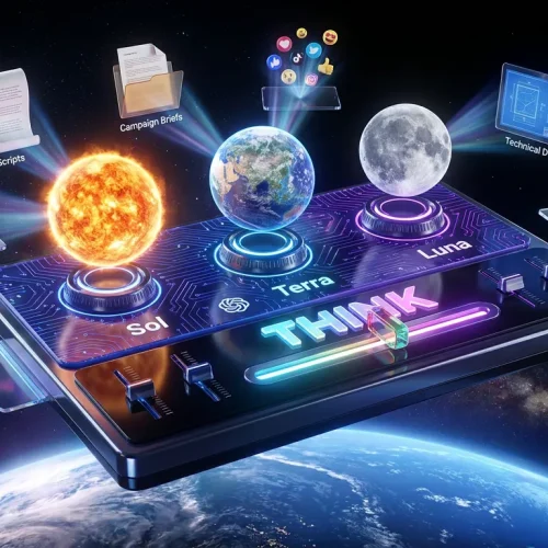 Celestial control board with Sol, Terra, Luna orbs and OpenAI logo over Earth empowering creativity