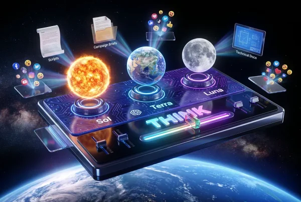 Celestial control board with Sol, Terra, Luna orbs and OpenAI logo over Earth empowering creativity