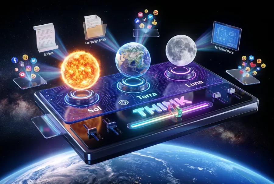Celestial control board with Sol, Terra, Luna orbs and OpenAI logo over Earth empowering creativity