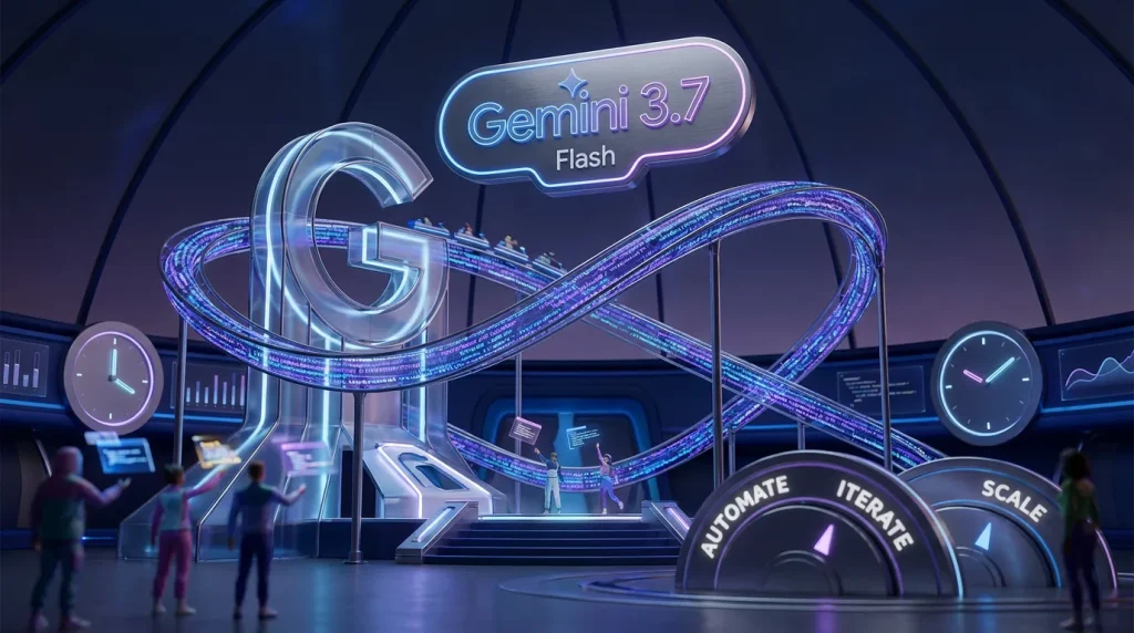 Futuristic theme park with Gemini logos, glowing code rollercoasters, creators launching content, speed emphasized