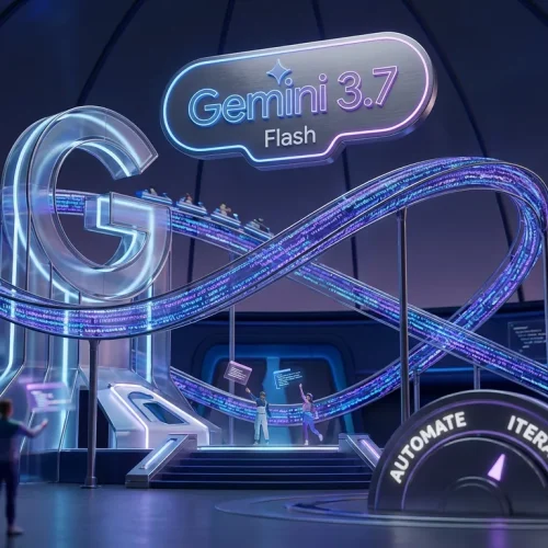 Futuristic theme park with Gemini logos, glowing code rollercoasters, creators launching content, speed emphasized
