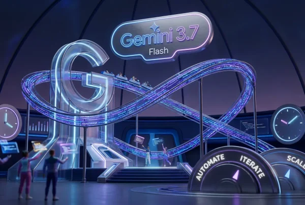 Futuristic theme park with Gemini logos, glowing code rollercoasters, creators launching content, speed emphasized