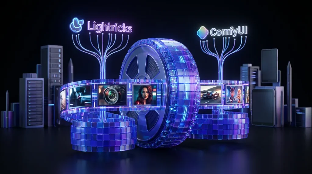 Striking 4K pixel reel with Lightricks and ComfyUI logos amidst cinematic, open-source creative scenes