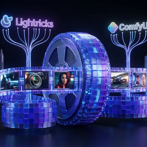 Striking 4K pixel reel with Lightricks and ComfyUI logos amidst cinematic, open-source creative scenes