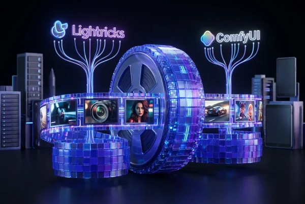 Striking 4K pixel reel with Lightricks and ComfyUI logos amidst cinematic, open-source creative scenes