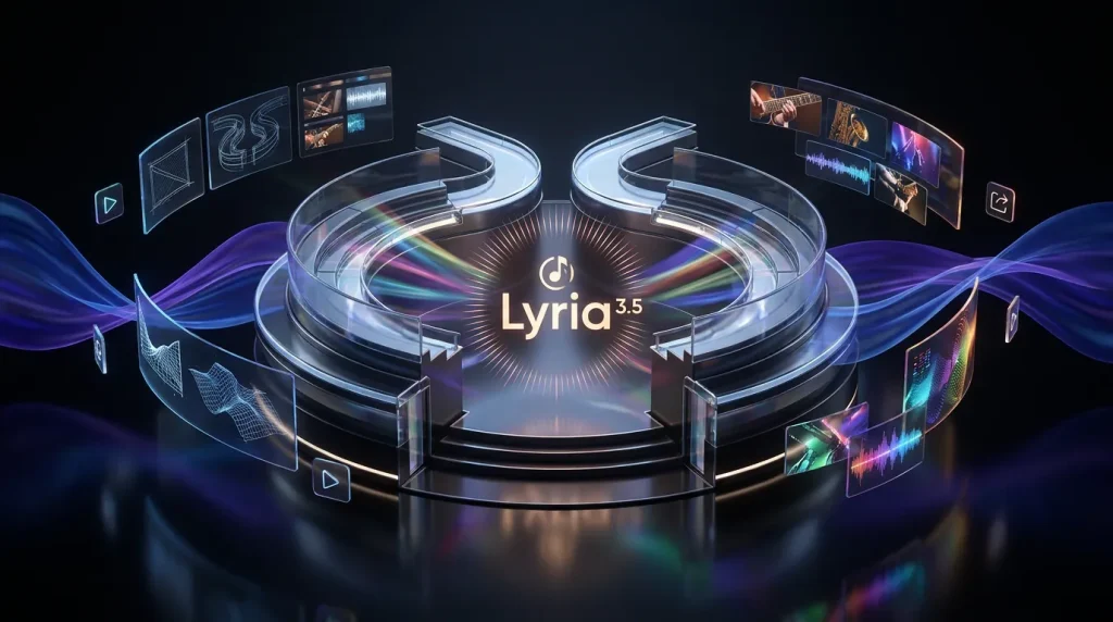 Lyria 3.5 and Google Gemini logos with music waves, digital panels, instruments, and video export icons