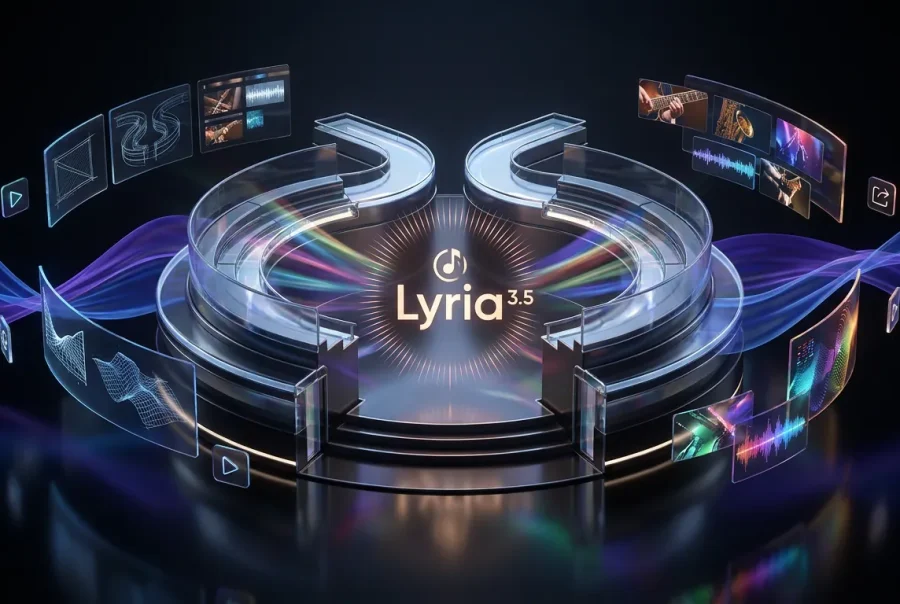 Lyria 3.5 and Google Gemini logos with music waves, digital panels, instruments, and video export icons