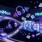 Creators ride video reels past MiniMax logos and 2K screens with swirling stereo audio waves