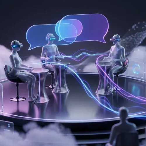 Futuristic floating talk show powered by NVIDIA VoiceChat 11B with seamless overlapping speech bubbles