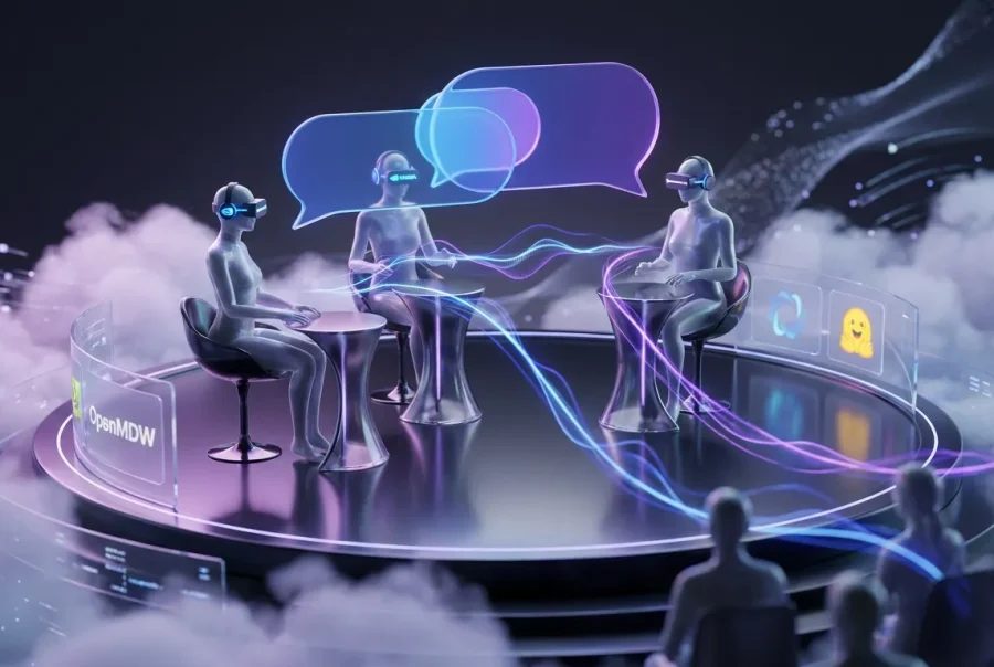 Futuristic floating talk show powered by NVIDIA VoiceChat 11B with seamless overlapping speech bubbles